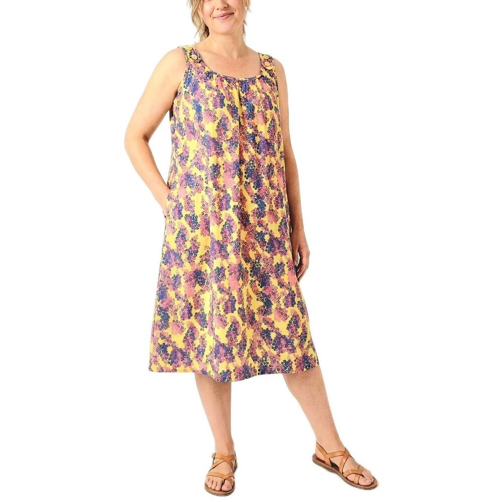 A. Richards VTG Aughts Y2K Sun Dress Yellow Floral Midi Wooden Buttons Women's L